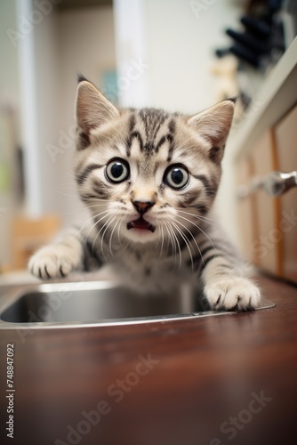 Cute tabby bengal kitten playing in the kitchen.