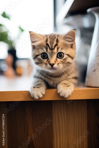 Cute scottish fold kitten sitting on shelf at home.