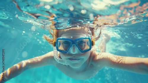 Cute child snorkeling in the swimming pool, underwater perspective,