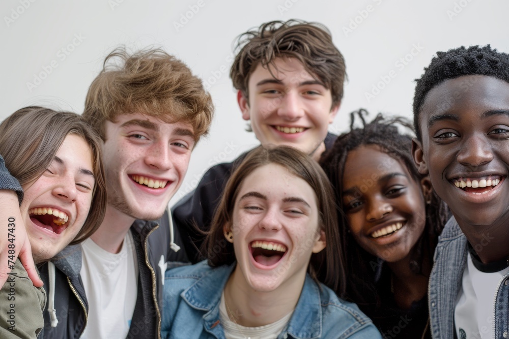Young, smiling college individuals gather before a clean white background, sharing laughter and excitement as they celebrate. Young, smiling college individuals gather before a clean white background, sharing laughter and excitement as they celebrate.