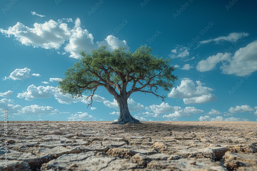 A stark image showcasing the contrast of a lone green tree against the ...