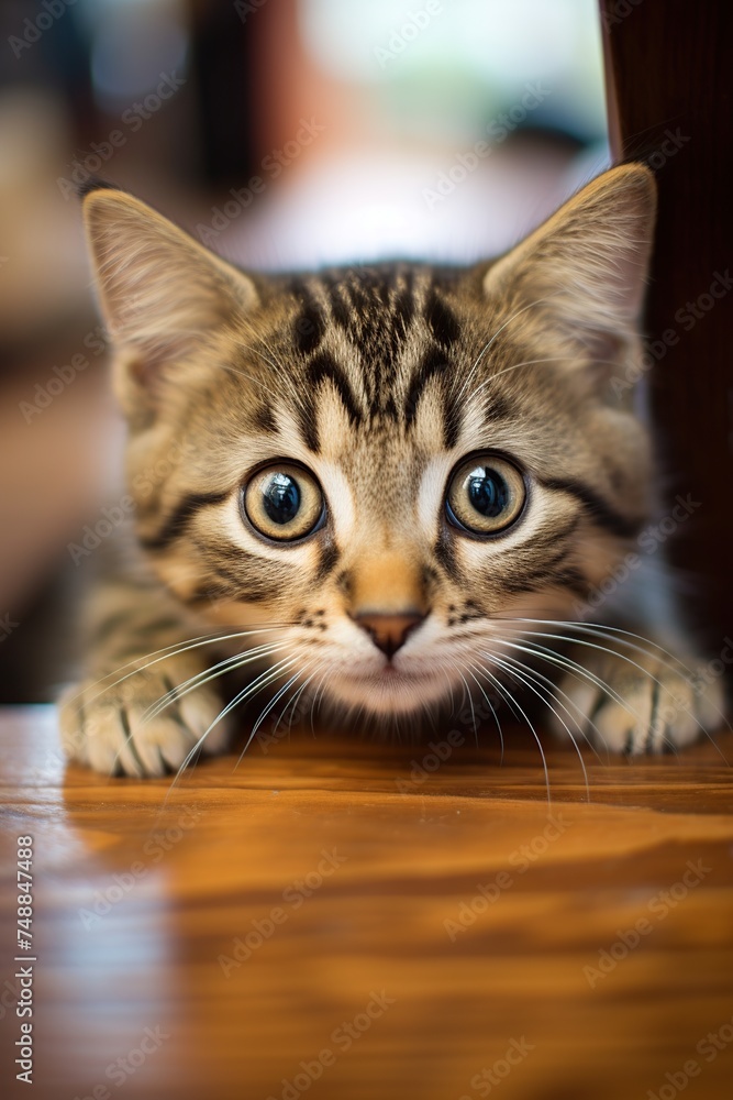 Cute little bengal kitten sitting on the wooden floor.