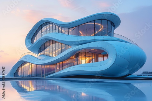 Stunning architectural photography featuring a modern, curvilinear building reflecting on tranquil water at twilight
