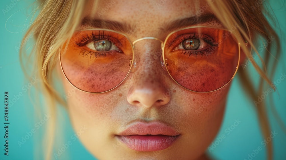 Sunglasses with a Twist, Bold Eyebrows and Barely-There Makeup, A Close-Up of a Beautiful Face, The Perfect Pout. Sunglasses with a Twist, Bold Eyebrows and Barely-There Makeup, A Close-Up of a Beautiful Face, The Perfect Pout.