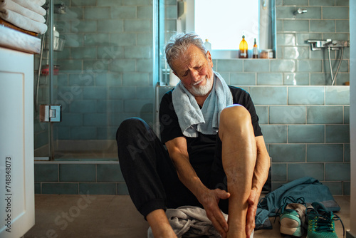 Elderly man in pain holding his leg after a workout, sitting on a bathroom floor
