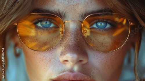 Golden Glasses, Sunshine Eyes, Brown and Blue Blend, Fashionable Focus.