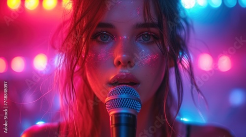 Glowing Eyes and Microphone, Singer with Pink Sparkles on Face, Performer in Front of Colorful Lights, Woman with Red Hair and Makeup.