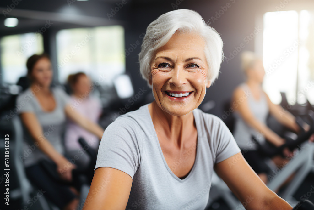 Obraz premium Elderly people pensioners working out in modern interior big spacious gym Generative AI illustration