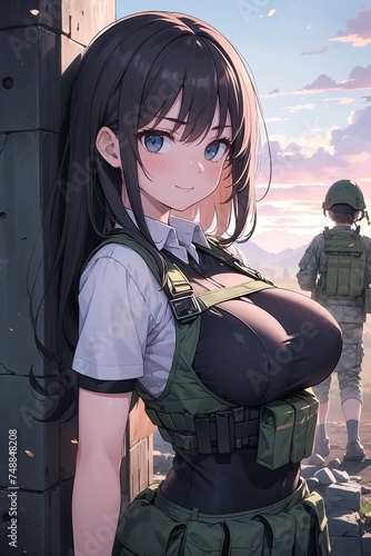 Femme militaire appuyé contre un mur