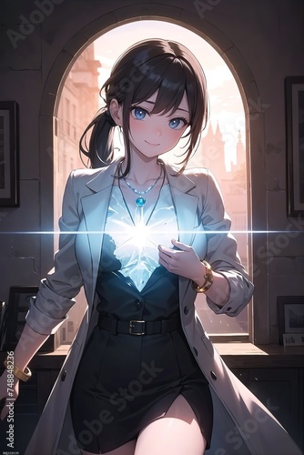 Femme en jupe, chemisier et veste longue, avec de la lumière qui jaillit de sa main