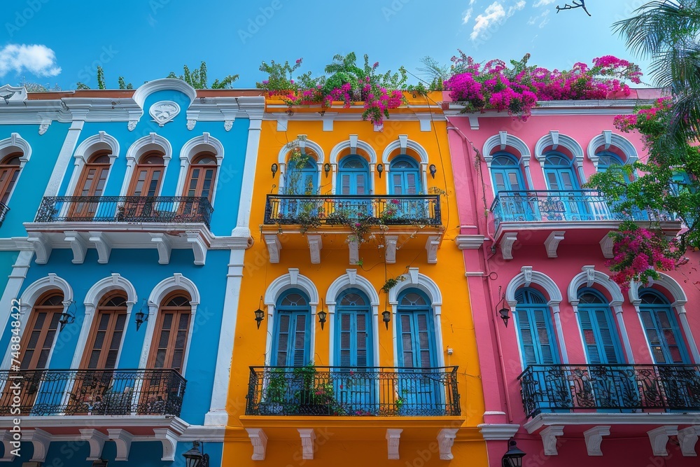 Vibrant colonial buildings lined up each painted with bright colors featuring balconies and traditional architecture that convey culture and history
