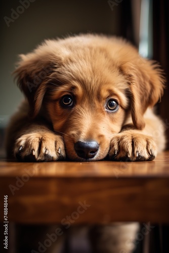 Portrait of a cute little brown puppy lying on a wooden table © Obsidian