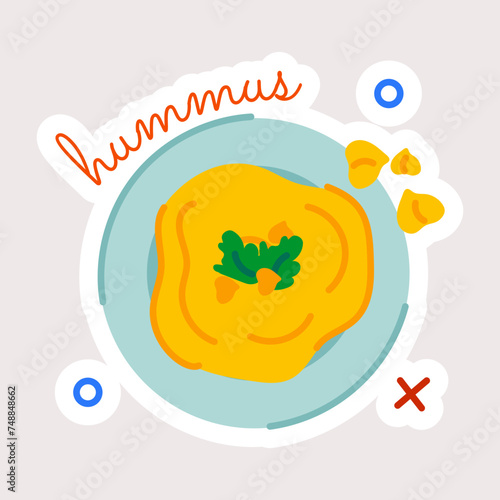 Trendy flat sticker depicting hummus dish 