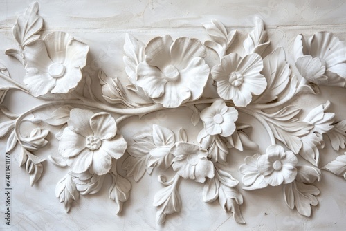 Detailed white floral relief on a flat surface. © Julia Jones