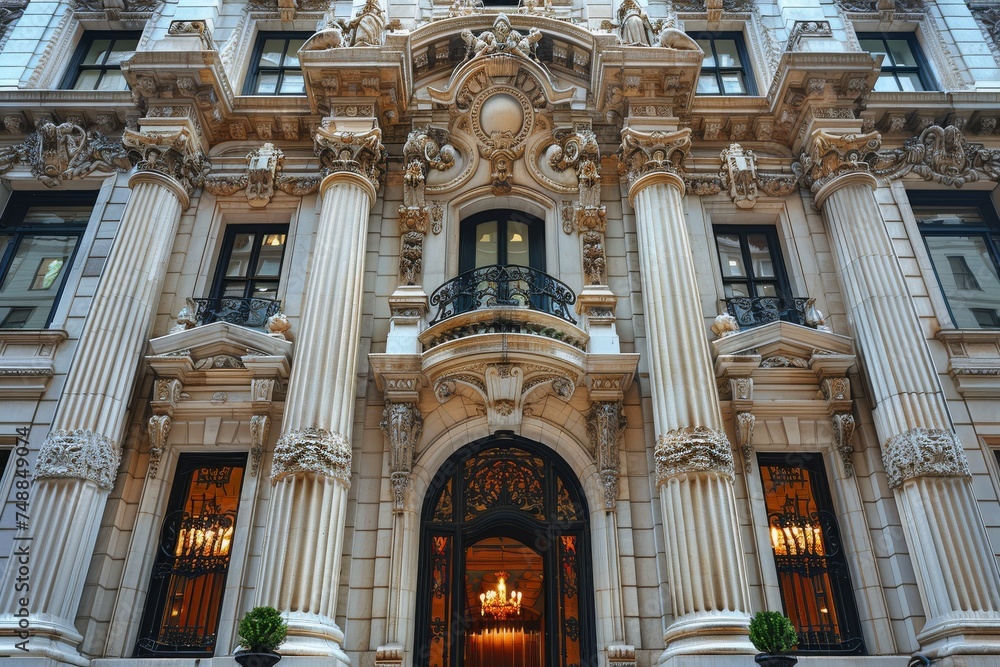 An intricately detailed entrance to a classic luxury building with majestic columns and ornate adornments An intricately detailed entrance to a classic luxury building with majestic columns and ornate adornments