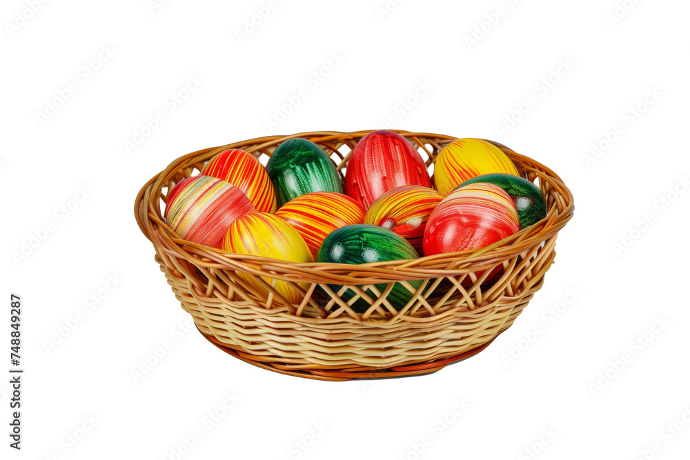 Hand painted Easter eggs in wicker basket, transparent background - festive decor Hand painted Easter eggs in wicker basket, transparent background - festive decor