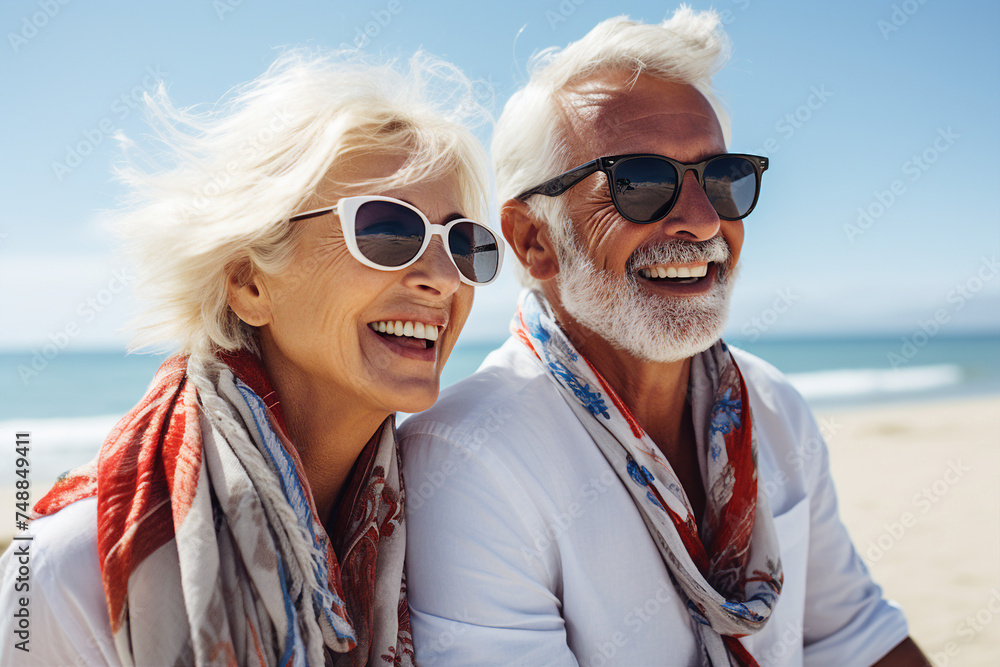 Generative AI portrait of happy beautiful mature people enjoying summer sea vacation walking seaside Generative AI portrait of happy beautiful mature people enjoying summer sea vacation walking seaside