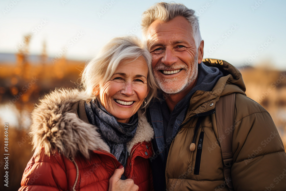 Obraz premium Generative AI image photo of cheerful beautiful elderly sweet couple walking together city street outdoors