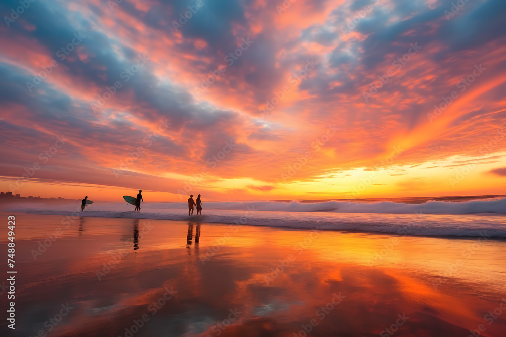 a group of people are walking on a beach at sunset