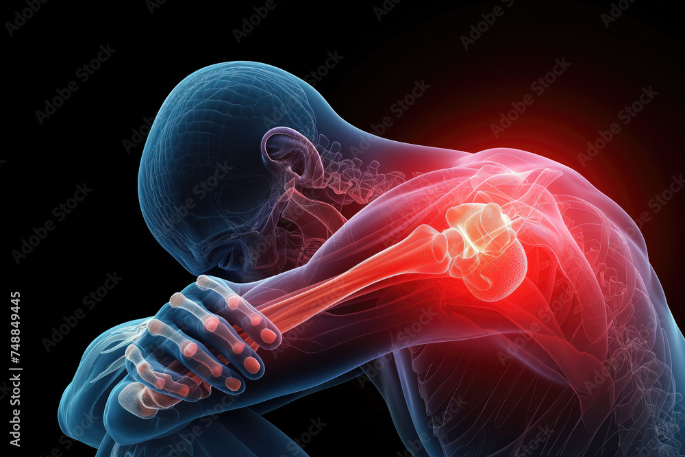 Obraz premium X-ray illustration of a human skeleton with a glowing, painful shoulder joint, suitable for orthopedic, medical diagnostics, and health care related materials. High quality illustration