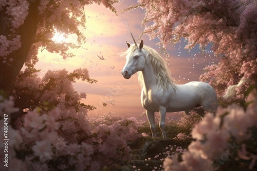 Unicorn in a blooming cherry blossom landscape at sunset.