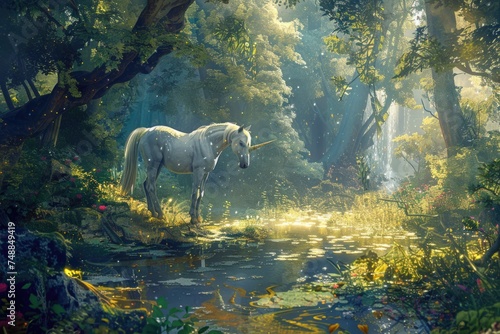 White unicorn standing by a magical forest pond with sunbeams. © Julia Jones
