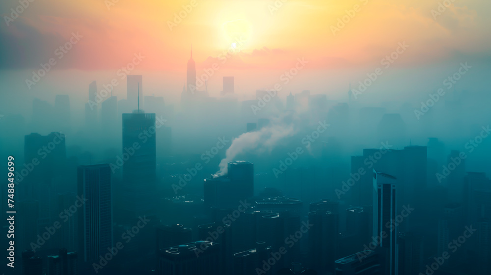 City skyline enveloped in smog at sunrise, air pollution concept.
