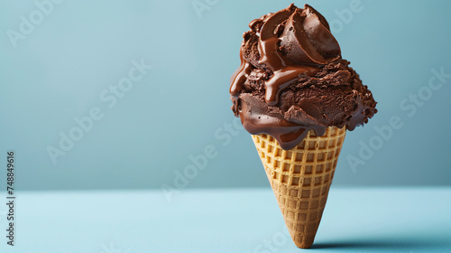 Cono de helado de chocolates sobre un fondo azul claro
 photo