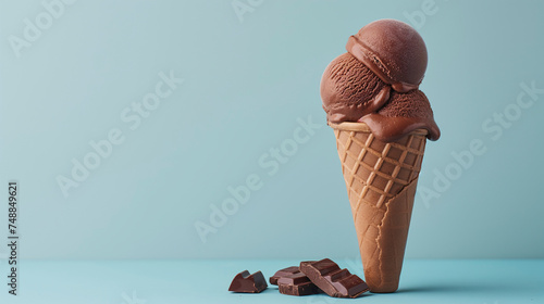 Cono de helado de chocolates sobre un fondo azul claro 