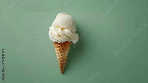 Cono de helado de nata sobre un fondo verde claro 