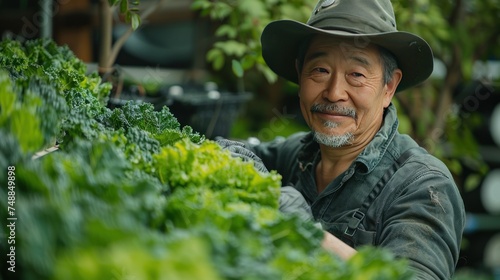 Happy Asian local farmer testing ph level of the water in the green oak salad lettuce greenhouse using hydroponics system