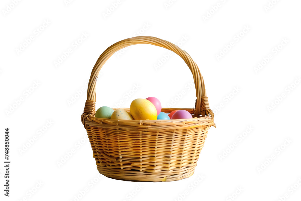 Brightly painted Easter eggs in basket, transparent background