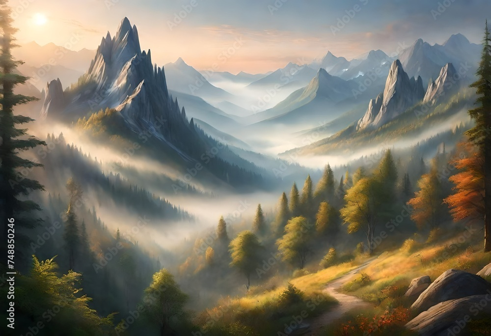  showcasing the enchanting allure of misty mountains and forest in the mystical light of dawn. - obrazy, fototapety, plakaty 