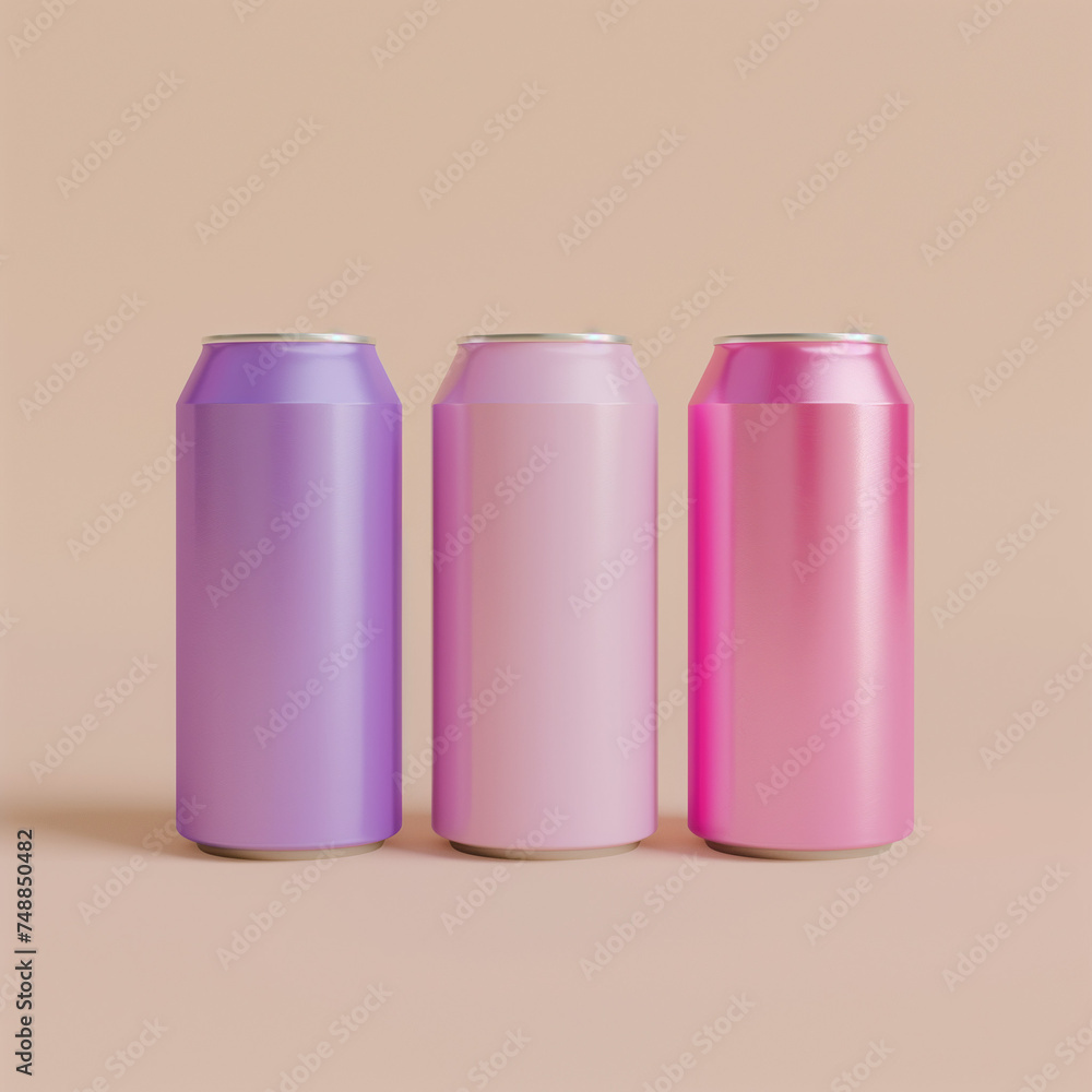 Pink and purple tin cans on a beige background.Minimal concept. Pink and purple tin cans on a beige background.Minimal concept.