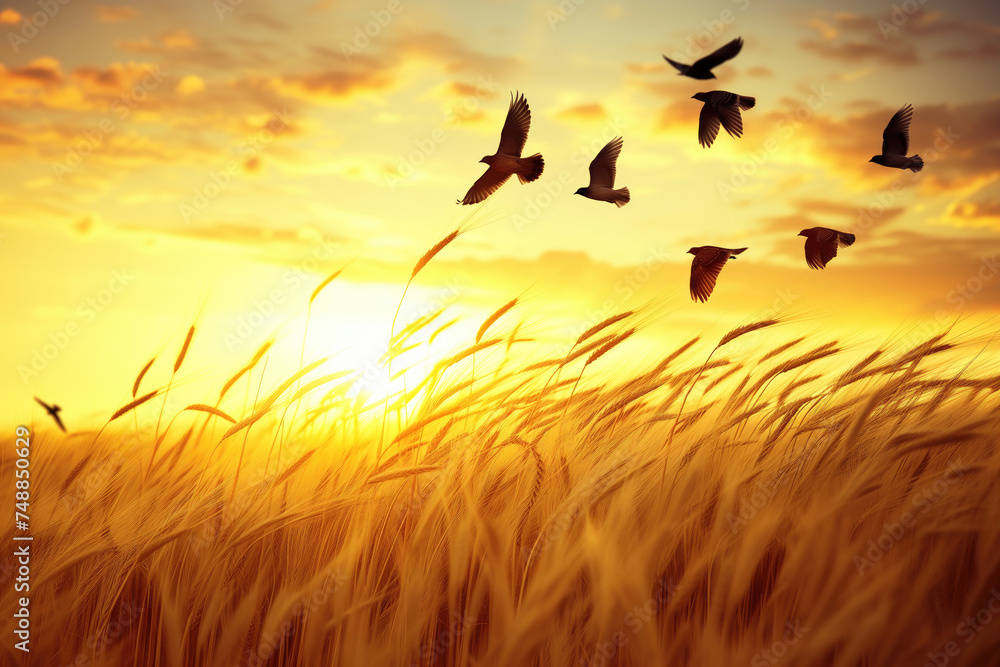 Scene of a wheat field at sunset with birds flying in the warm golden light, suitable for themes of agriculture, nature, freedom, and tranquility. High quality illustration