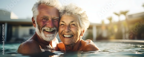 Elderly couple happily embracing in a pool, smiling for the camera. Concept Love in Water, Elderly Happiness, Pool Embrace, Smiling Seniors, Joyful Swim