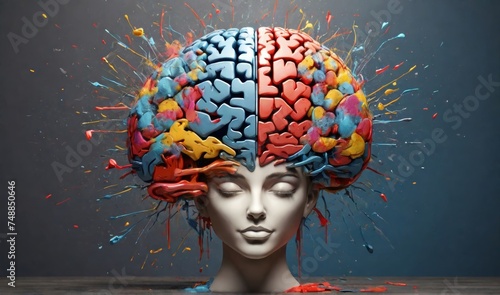 Left right human brain concept. Creative part and logical part with social and business part. Creative art brain explodes with paint splatter. Mathematical successful mindset with formulas 