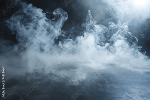 background dramatic scene. Thick clouds or smoke hover above a smooth, reflective surface, possibly water or a polished floor