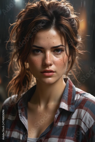Drawing of a portrait of a beautiful girl with messy hair in a plaid shirt. Generative AI