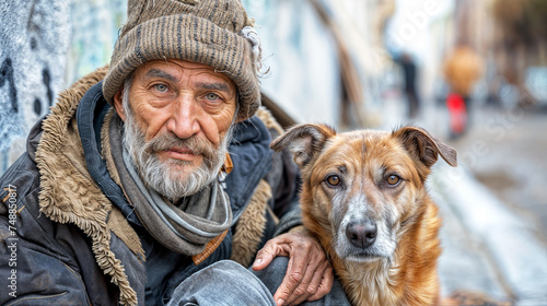 Close-up of a homeless man and his dog sitting on the street