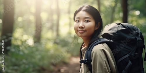 Happy young asian woman traveler with backpack walking in forest. --ar 2:1 --v 5 Job ID: 1aed4568-e974-4b35-b41d-eebe5b745160