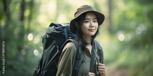 Happy young asian woman traveler with backpack walking in forest. --ar 2:1 --v 5 Job ID: 6f18e838-40e6-41bb-b516-ada63ffedb2b