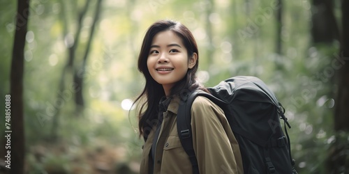 Happy young asian woman traveler with backpack walking in forest. --ar 2:1 --v 5 Job ID: 98f43fa3-1735-405d-b011-72b3a80de842