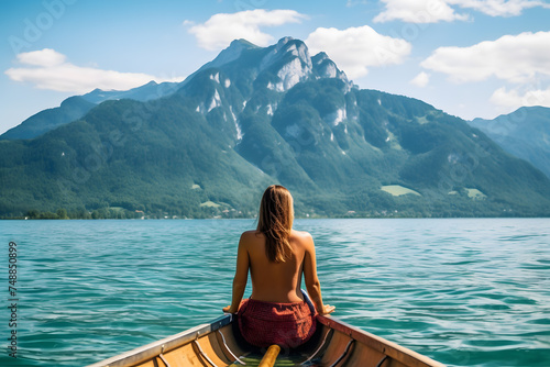 a woman is sitting in a boat on a lake with mountains in the background