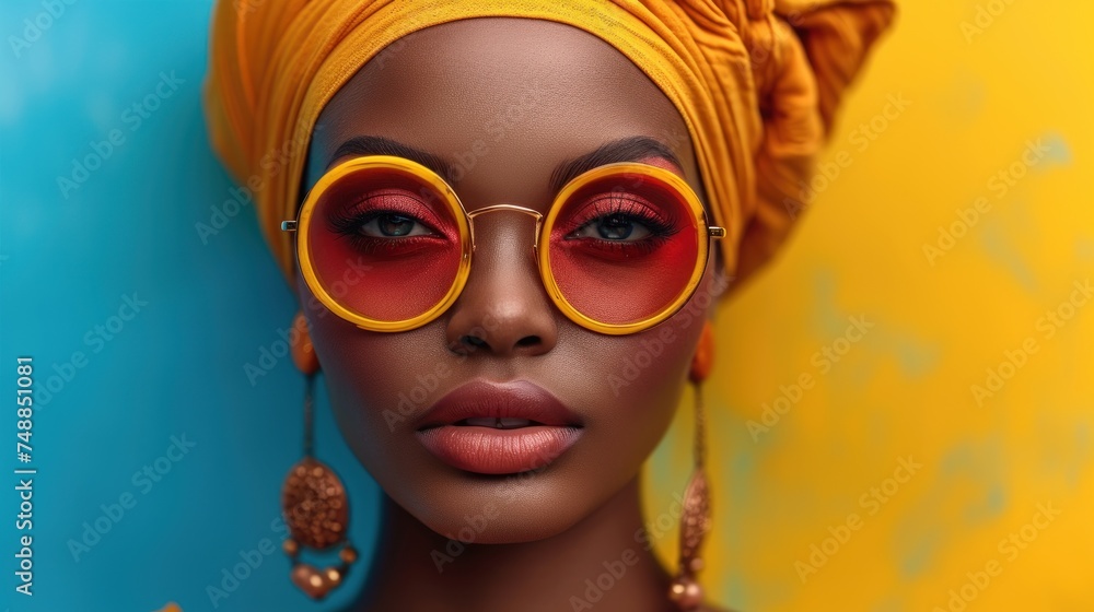 African Model with Yellow Head Scarf and Red Sunglasses, The Fierce Face of a Doll with Yellow Scarf and Red Lenses, A Striking African Doll with Yellow Scarf and Red Goggles, An Eye-Catching 
