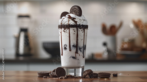 Decadent Chocolate Buscuit Milkshake in Glass with Whipped Cream photo