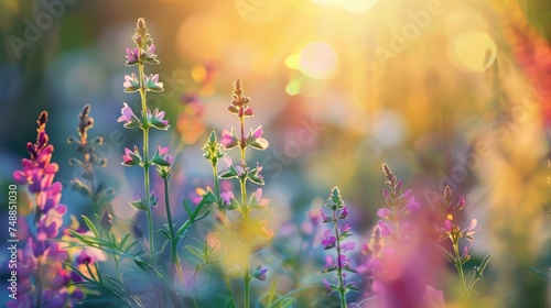 Vibrant spring meadow  captured in a close-up shot.