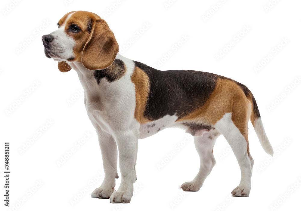 Beagle dog lies down on a white transparency background, gazing with a gentle expression. Beagle dog studio lighting concept.