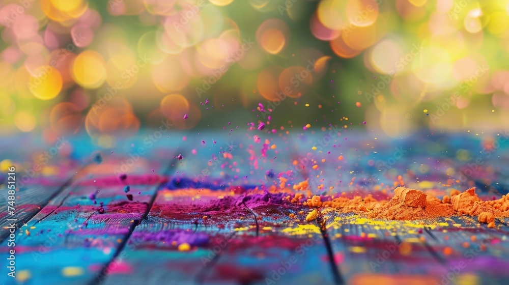 Obraz premium Holi festival background with empty colourful holi paint wooden deck table above colorful holi and blurred light bokeh. 