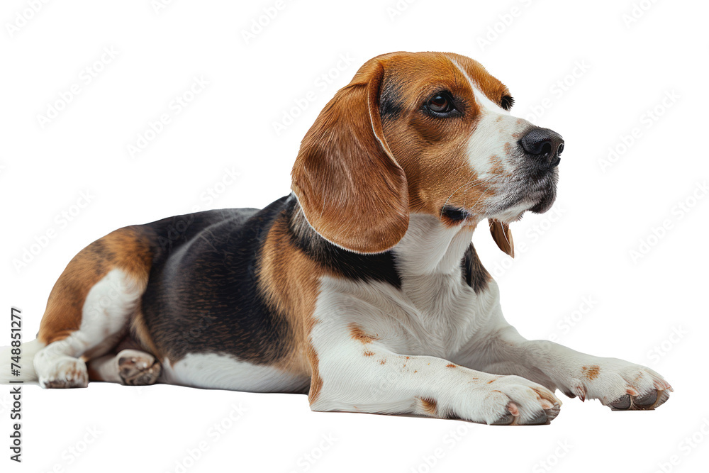 Beagle dog lies down on a white transparency background, gazing with a gentle expression. Beagle dog studio lighting concept.